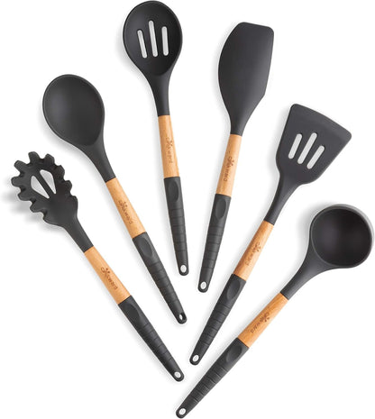 Silicone Cooking Utensils Set 6 Piece – Heat Resistant up to 480°F, BPA Free & Non-Scratch Kitchen Tools with Natural Wood Handles, Dark Gray8