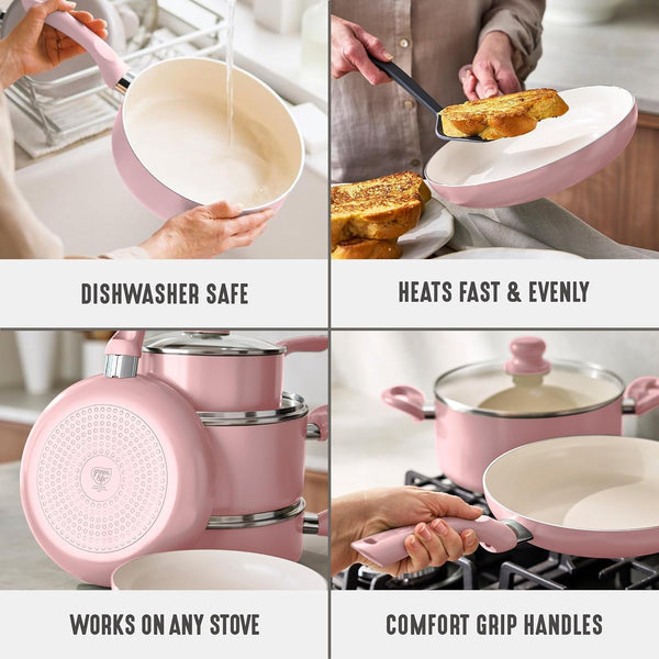 16Pc Ceramic Nonstick Pots & Pans Cookware Set, Blush Pink | Pfas-Free Nonstick Coating, Stockpot, Frying Pans, Saucepan, Sauté, Induction Ready, All Stovetop Compatible, Dishwasher Safe5