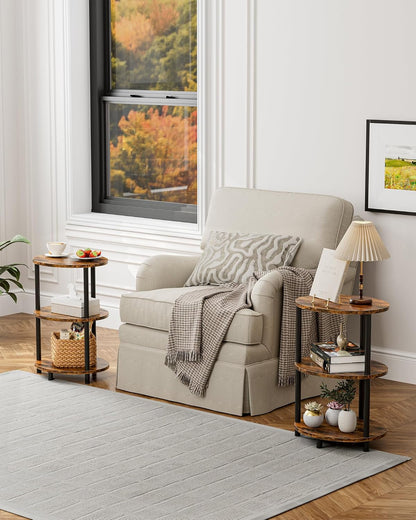 Round Small End Table - 3 Tier Oval Accent Table for Small Spaces, Rustic Wood and Metal Couch Side Table, Nightstand for Bedroom or End Table Living Room, Easy to Assemble, Rustic Brown8