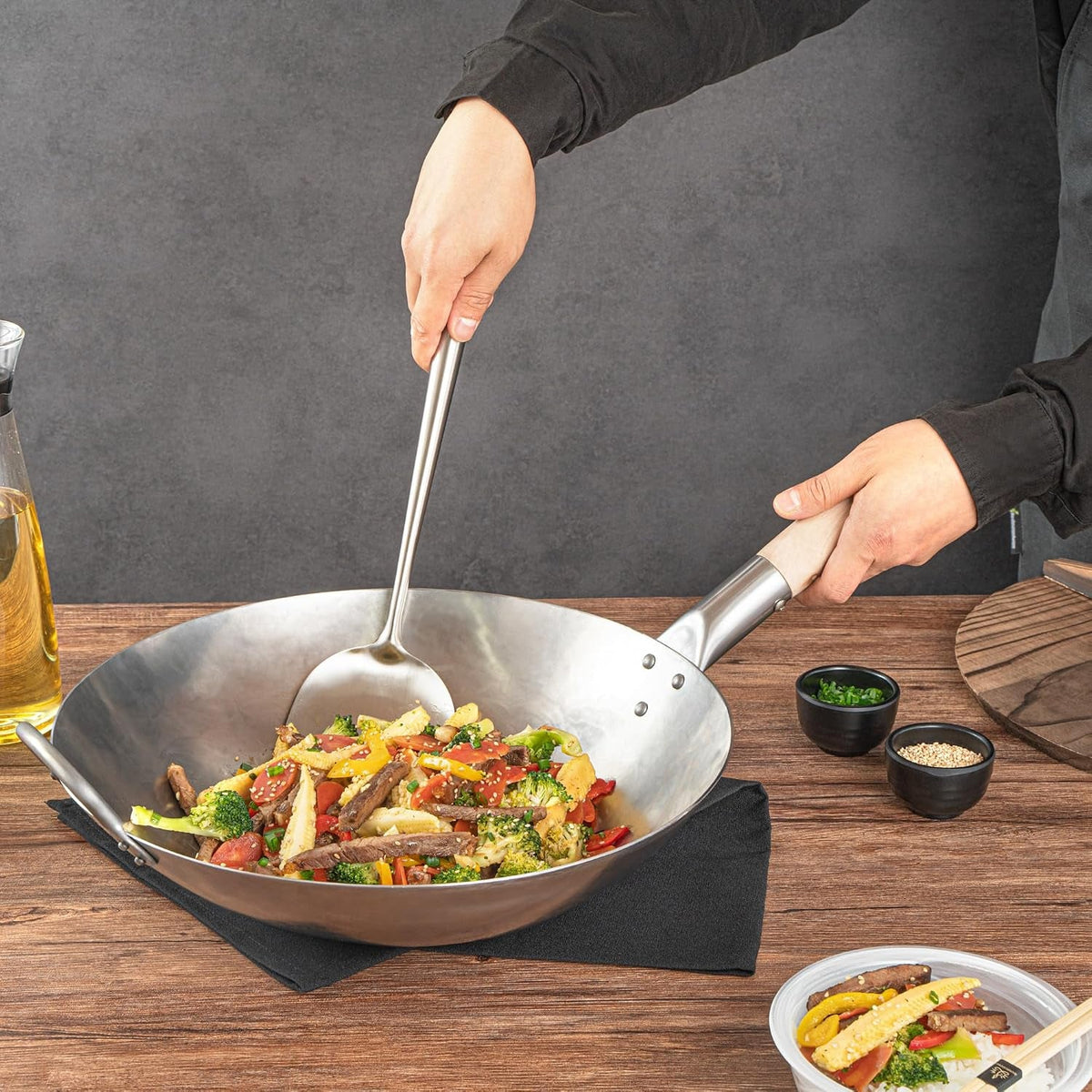 carbon-steel-wok-1-pack-of-14-inch-heavy-duty-stir-fry-pan-silver-hand-hammered-wok-efficient-maneuvering-steel-helper-handle-uniform-heat-distribution-asian-cooking