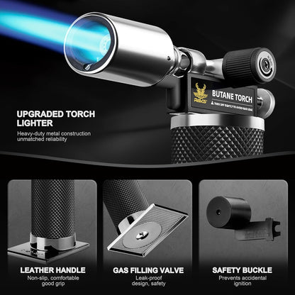 Butane Torch Lighter, Premium Metal Kitchen Torch with Adjustable Flame & Safety Buckle, Refillable Creme Brulee Torch for Baking, BBQ, DIY, Resin Art, Black, Butane Gas Not Included4