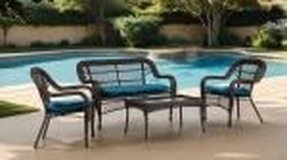 4-Piece Outdoor Patio Conversation Set, Brown Faux Rattan with Teal Cushions, UV and Water Resistant1