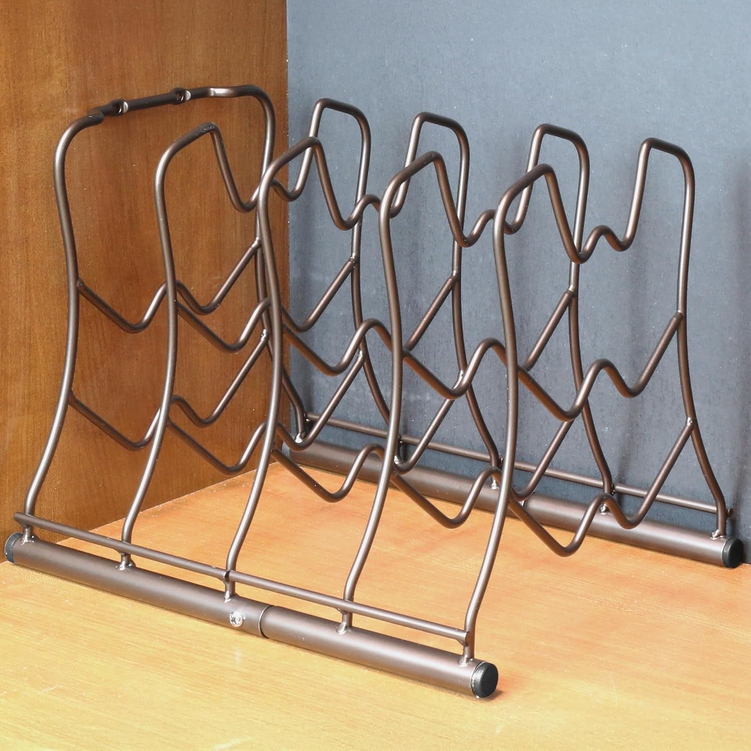 pan-organizer-rack-for-kitchen-cabinet-and-counter-bronze