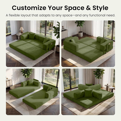 78.8" Convertible Futon Sofa Bed, Boneless Couch for Living Room | Corduroy Boneless Loveseat Sleeper Sofa, Modular Futon Couch with Storage Pocket, Pull Out Couch No Assembly | Green3