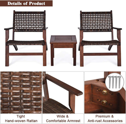 3 Pieces Patio Conversation Set, Solid Eucalyptus Wood Frame Outdoor Wicker Furniture Set Bistro Set with Coffee Table, Rattan Furniture Set for Backyard Porch Garden Poolside Balcony (Brown)7