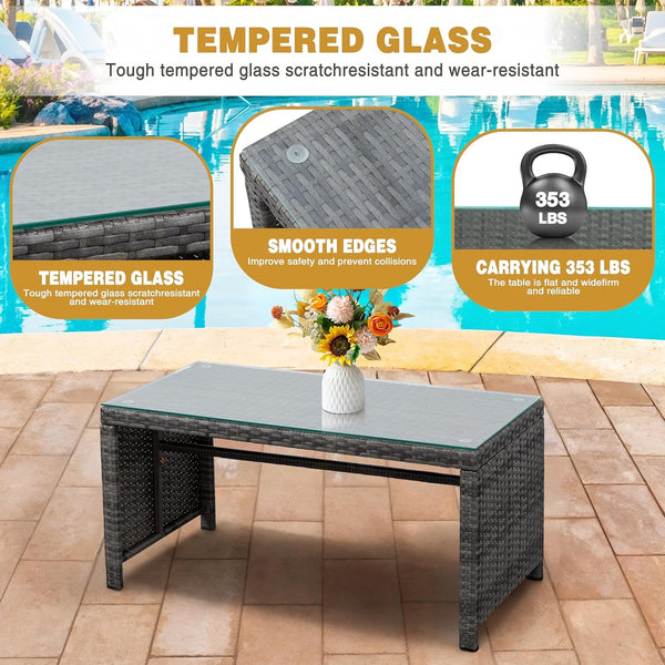 Patio Furniture Set 4 Piece Outdoor Furniture Set, PE Rattan Wicker Patio Conversation Set with Cushions & Glass Coffee Table, Backyard Patio Seating for Balcony Porch Garden Poolside, White3