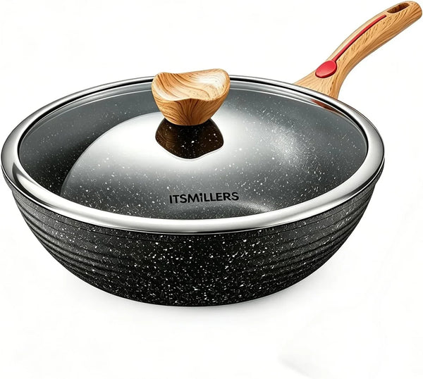 Nonstick Wok Aluminium Die-Casting Chinese Wok, Scratch Resistant with Lid and Spatula, Pfoa-Free, Dishwasher Safe & Induction Bottom,11.8 Inch,5Qt,Large Capacity1