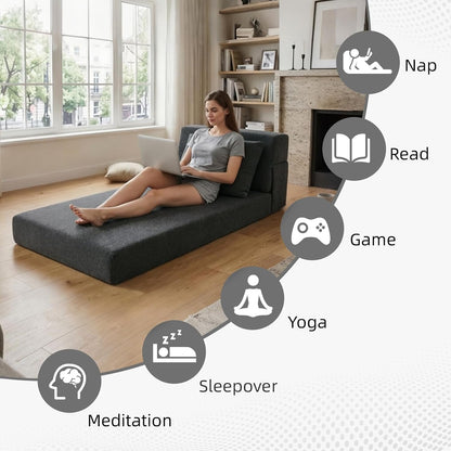 Folding Sofa Bed, Convertible Sleeper Chair with Pillow, Fold Out Chair Bed, High-Density Foam Floor Couch Bed, Foldable Futon Couch Lounge for Living Room (Grey, Single)7