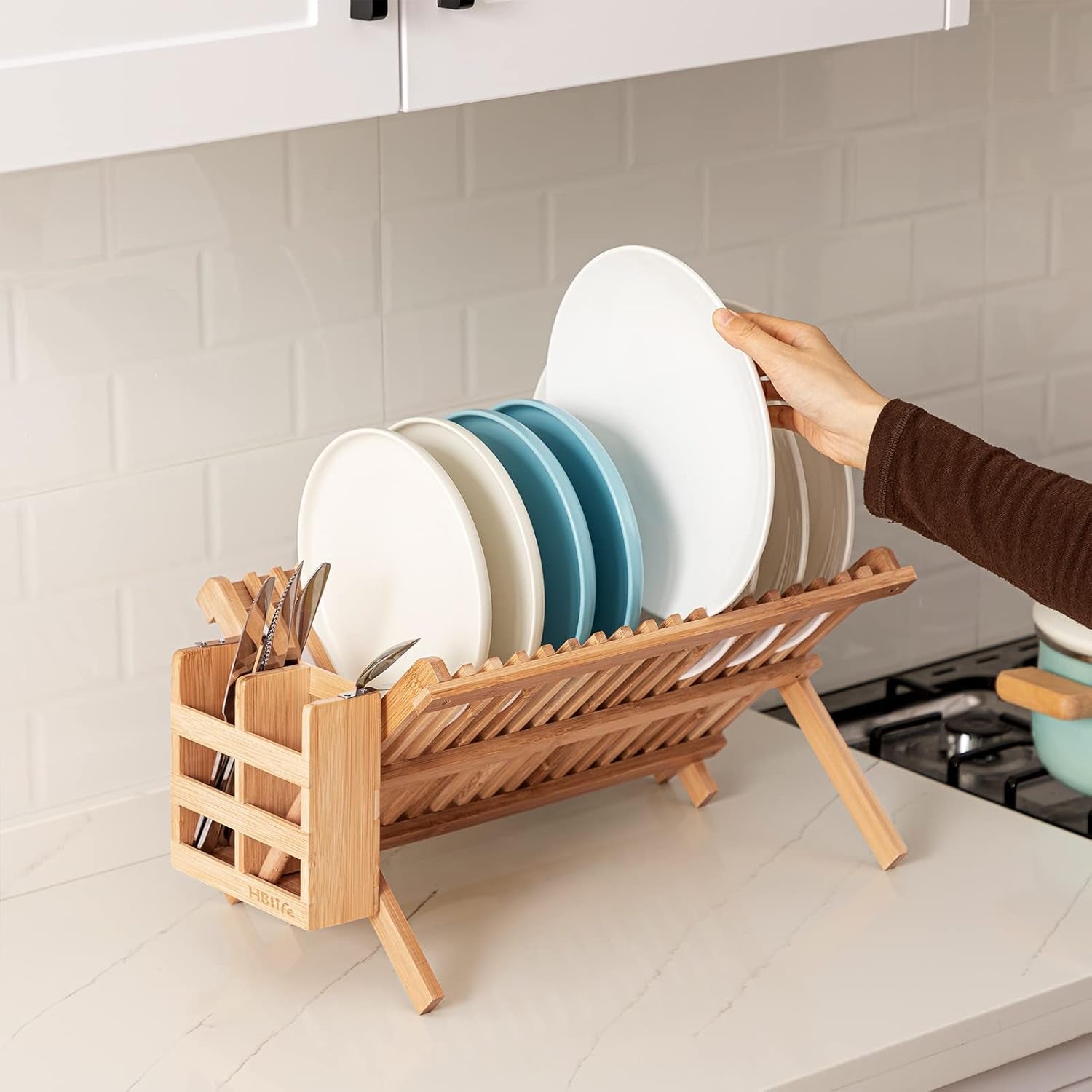 dish-rack-bamboo-folding-2-tier-collapsible-drainer-dish-drying-rack-with-utensils-flatware-holder-set-dish-rack-with-utensil-holder