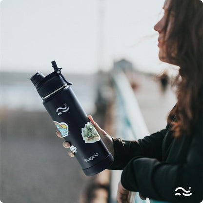 Insulated Water Bottle with Silicone Boot (36Hrs Cold/18Hrs Hot) - DIY Stickers, Leakproof, BPA Free, Black, 24 Oz [2-IN-1 LID]6