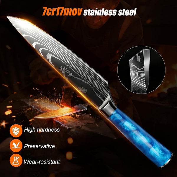 10-Piece Premium Japanese Kitchen Knife Set - Star Collection, Laser Damascus Pattern, 440A Stainless Steel Ultra Sharp for Fast Cutting (Blue)5