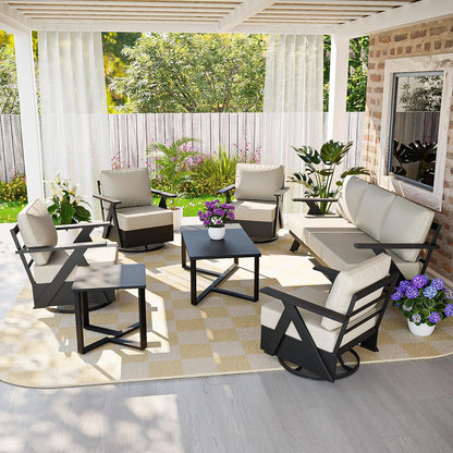 Iron Luxe 7 Piece Outdoor Patio Furniture Set, Modern Patio Conversation Set with 4 Swivel Rocking Chairs, a 3 Seat Couch, Coffee Table & Side Table for Deck, Garden, Porch, Black/Beige1