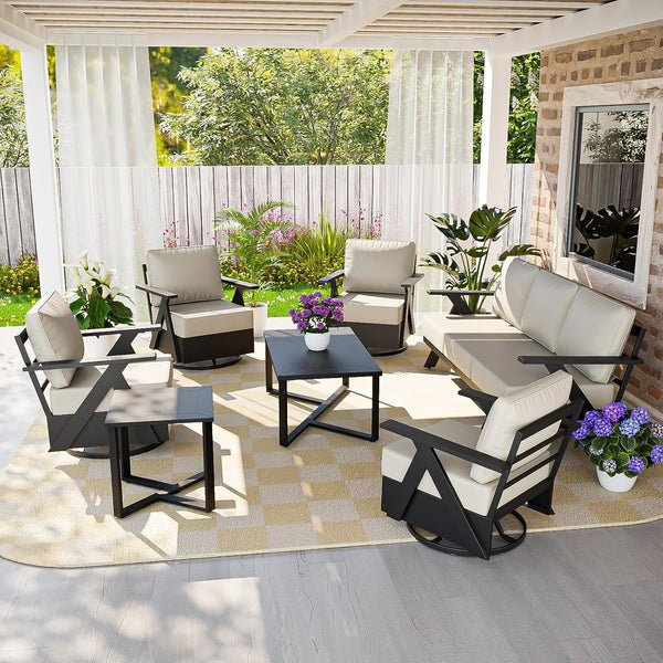 Iron Luxe 7 Piece Outdoor Patio Furniture Set, Modern Patio Conversation Set with 4 Swivel Rocking Chairs, a 3 Seat Couch, Coffee Table & Side Table for Deck, Garden, Porch, Black/Beige1