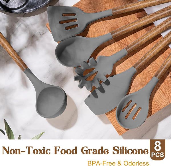 Silicone Cooking Utensil Set, 8-Piece Kitchen Utensils Set with Natural Acacia Wooden Handles,Food-Grade-Silicone Kitchen Gadgets and Spatula Set for Nonstick Cookware - Grey2