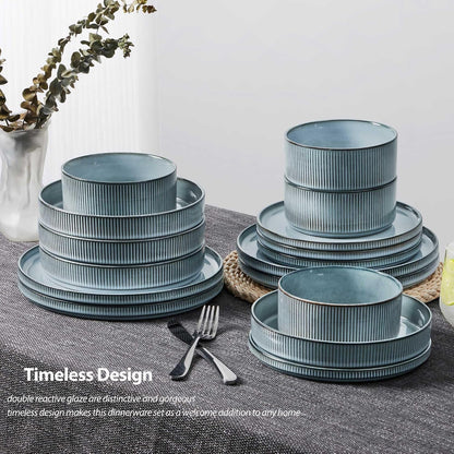 Dinnerware Stoneware Sets with Pasta Bowls, 16 Piece Plates and Bowls Set for 4, Ribbed Dishes Set for Home, Microwave and Dishwasher Safe, Slate Blue6