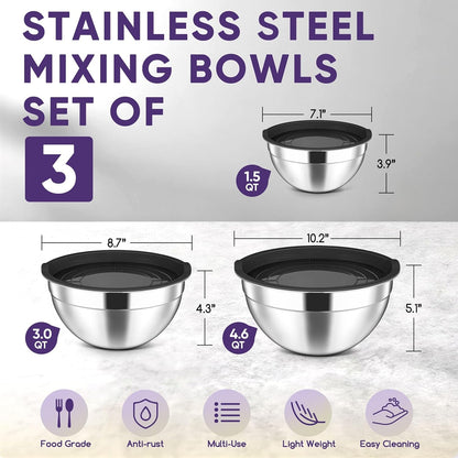 Stainless Steel Mixing Bowls with Lids Set of 3, 1.5/3/4.6Qt, Black2