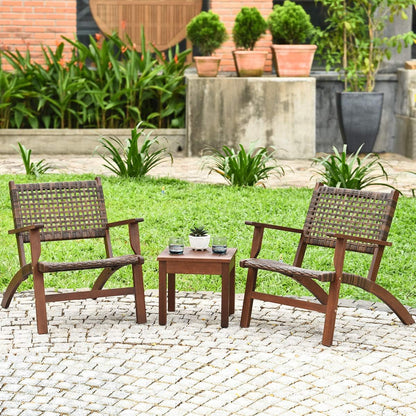 3 Pieces Patio Conversation Set, Solid Eucalyptus Wood Frame Outdoor Wicker Furniture Set Bistro Set with Coffee Table, Rattan Furniture Set for Backyard Porch Garden Poolside Balcony (Brown)3