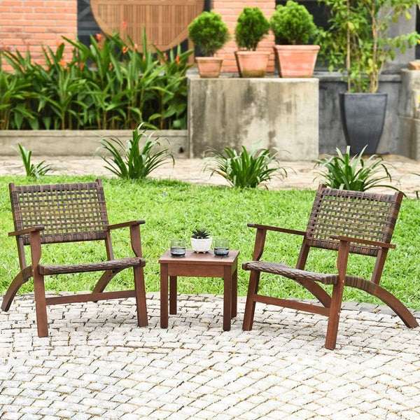 3 Pieces Patio Conversation Set, Solid Eucalyptus Wood Frame Outdoor Wicker Furniture Set Bistro Set with Coffee Table, Rattan Furniture Set for Backyard Porch Garden Poolside Balcony (Brown)3