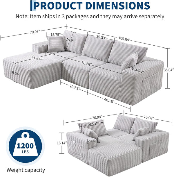 110" Boneless Cloud Sectional Couch for Living Room, L Shaped 3 Seater Modular Corduroy Sofa with Chaise, Deep Seated Oversized Boneless Couches, Compressed Sofa in a Box, No Assembly, Grey2