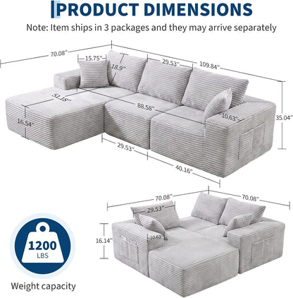 110" Boneless Cloud Sectional Couch for Living Room, L Shaped 3 Seater Modular Corduroy Sofa with Chaise, Deep Seated Oversized Boneless Couches, Compressed Sofa in a Box, No Assembly, Grey2