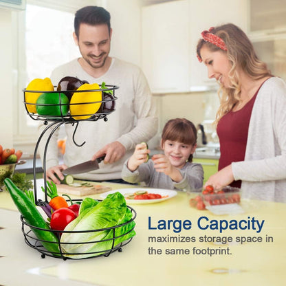 Iron 2-Tier Countertop Fruit Vegetables Basket Bowl Storage with Banana Hanger, Black, 64 Ounces4