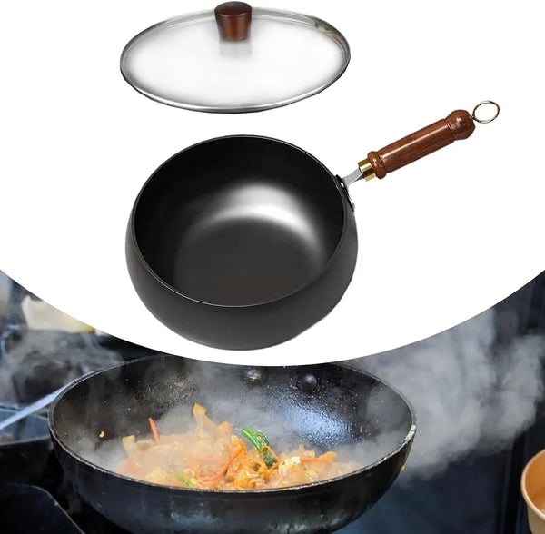 Refined Iron Wok with Wood Handle and Glass Lid, 9.45 in Flat Bottom Nonstick Stir Fry Pan for Gas, Induction, and All Stovetops2