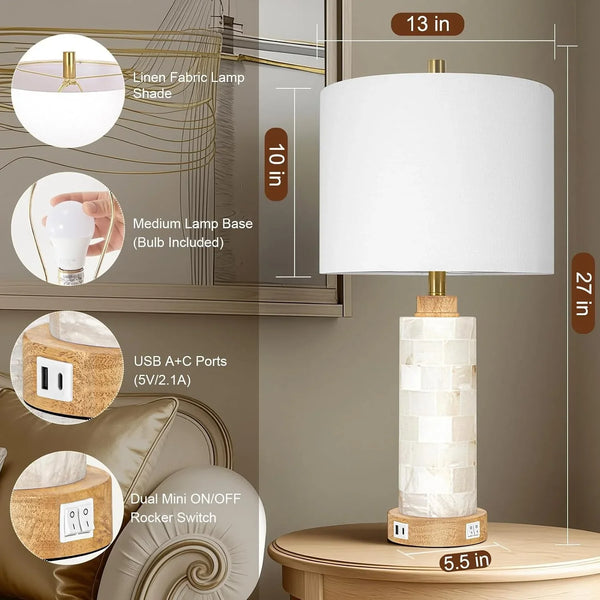 27" Alabaster and Wood Table Lamps Set of 2 with Night Light | Nightstand Lamps with USB Ports, White Linen Fabric Shade, Bedside Lamp for Living Room Bedroom Home Office Hotel Bar House2