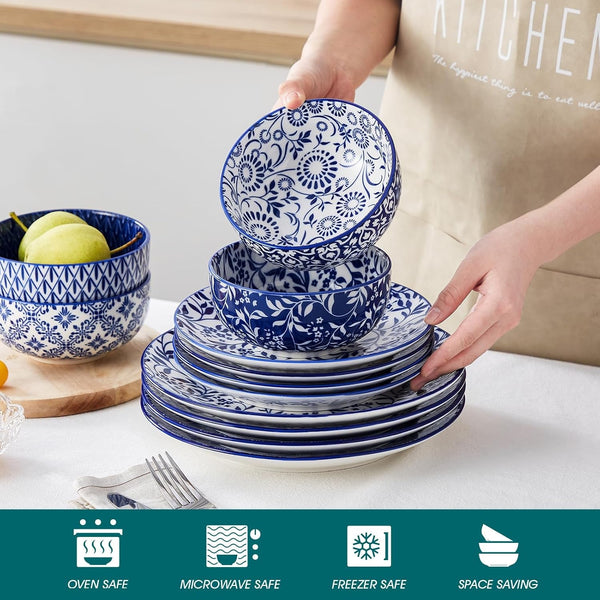 SELENE Plates and Bowls Set for 4, 12 Pieces Dinnerware Sets, Mircowave and Dishwasher Safe Dishes Set, Porcelain Blue Dinnerware3