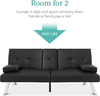 Faux Leather Upholstered Modern Convertible Futon, Adjustable Folding Sofa Bed, Guest Bed W/Removable Armrests - Black4