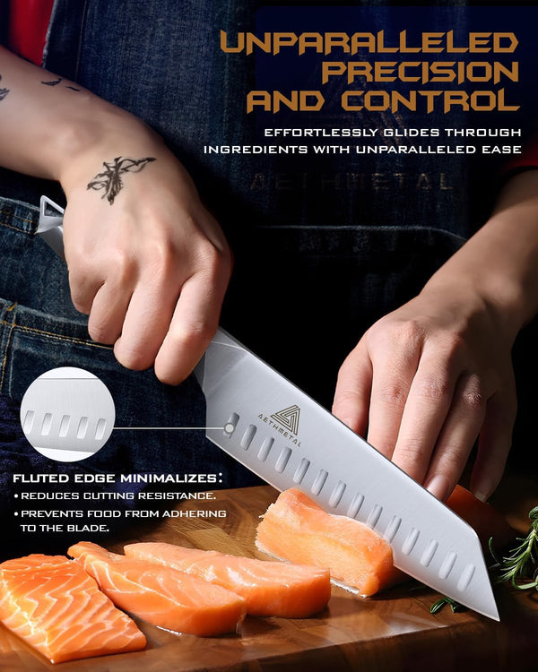 7 Inch Santoku Knife, Full Tang Kitchen Knife with Hollow-Ground Blade, High Carbon Stainless Steel Chef Knife for Meat, Vegetables & Fruits, Ergonomic Metal Handle, Premium Gift Box4