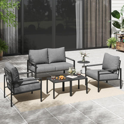 5 Pieces Rattan Outdoor Furniture Set, All-Weather Patio Conversation Set with Dark Grey Cushions and Coffee Tables for Garden, Backyard, Balcony, Poolside1