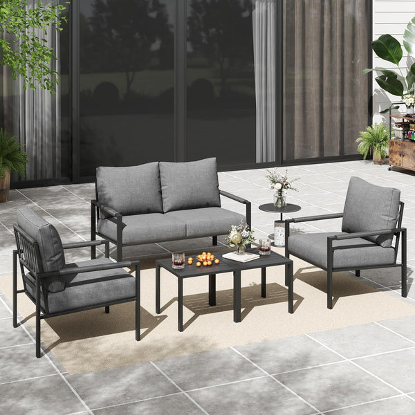 5 Pieces Rattan Outdoor Furniture Set, All-Weather Patio Conversation Set with Dark Grey Cushions and Coffee Tables for Garden, Backyard, Balcony, Poolside1