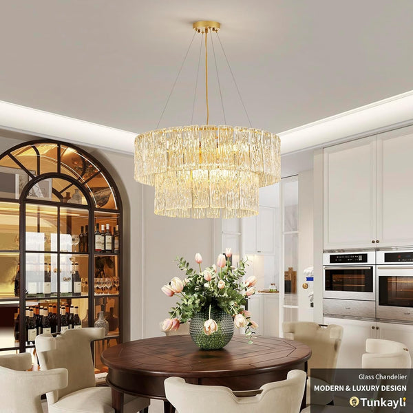24" Gold Crystal Chandelier, 8-Light Glass Drum Light Fixture2