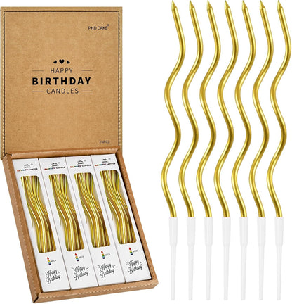 24-Count Gold Spiral Long Thin Metallic Birthday Candles, Cake Candles, Birthday Parties, Wedding Decorations, Party Candles1