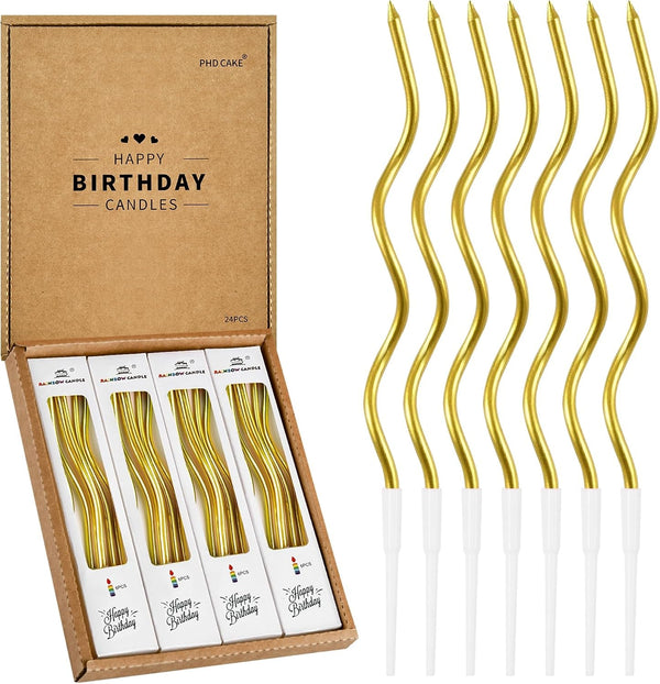 24-Count Gold Spiral Long Thin Metallic Birthday Candles, Cake Candles, Birthday Parties, Wedding Decorations, Party Candles1