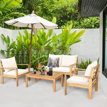 Outdoor 4-Piece Acacia Wood Chat Set, 4 Seater Acacia Wood Conversation Sofa and Table Set with Water Resistant Cushions, Teak Finished (1, White)2
