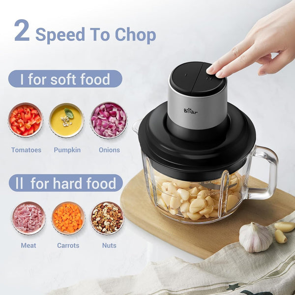 Food Processor, 400W Electric Food Chopper with Handheld Glass Bowl | No-Hole 4 Bi-Level Stainless Steel Blades, Easy Cleaning, 8 Cup/2 L,2 Speeds for Meat/Vegetables/Baby Food Preparation5