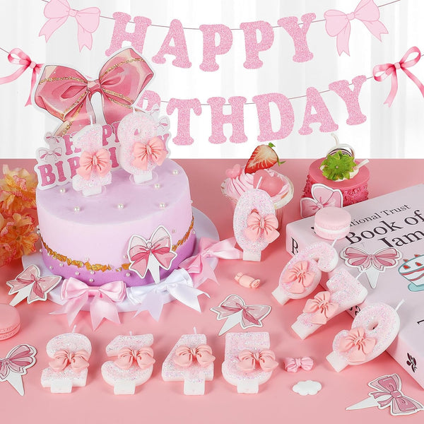 Pink Birthday Candle Bow Number 9 Candle Cake Topper Cupcake Decor 9Th Birthday Party Decorations Anniversary Celebrations Supplies Favors4