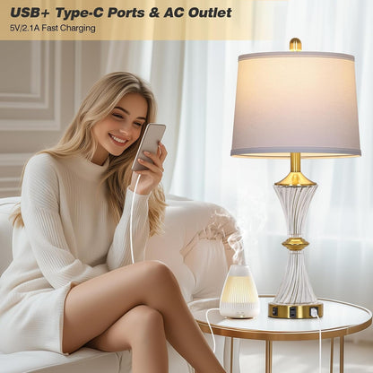 Crystal Glass Table Lamp Set of 2 with USB C+A Ports & AC Outlet, White Lamp, Modern Bedroom Lamps, Gold Lamp for Night Stands Bedroom Living Room,Nightstand Lamp LED Bulbs Included3