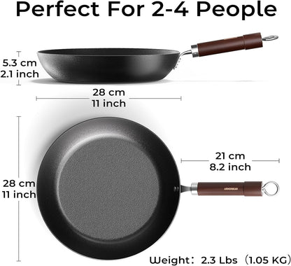 Carbon Steel Frying Pan, Pre-Seasoned 11-Inch Cooking Skillet Wooden Handle, PFAS & Pfoa-Free, Nitrided Black Fry Pan for Kitchen, Camping, Chef Use2