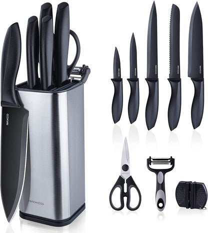Knife Set,10-Piece Stainless Steel Kitchen Knife Set with Block,Black | Compact Small Countertop Holder,Pro-Sharpened Stainless Steel Chef Knives, Space Saving Knife Set for RV & Apartment1
