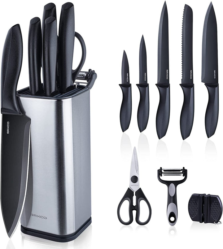 Knife Set,10-Piece Stainless Steel Kitchen Knife Set with Block,Black | Compact Small Countertop Holder,Pro-Sharpened Stainless Steel Chef Knives, Space Saving Knife Set for RV & Apartment