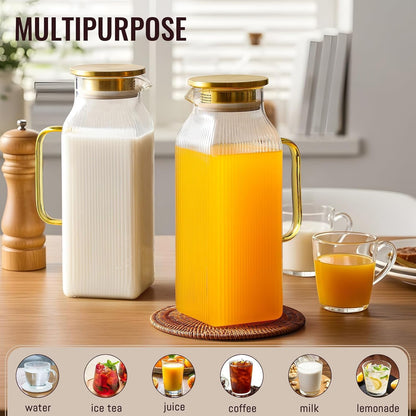 2 Pack 2 Liter/68 Oz Square Glass Pitcher with Lid, Classic Stripes Water Pitchers with Handle for Fridge, Large Jug for Iced Tea, Coffee, Borosilicate Glass Carafe for Hot/Cold Brew Drink, Gold3