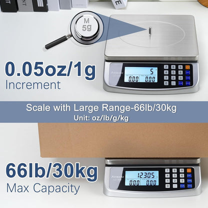110Lb Food Scale, Commercial Kitchen Scale with Price Computing | Plug-In Usable, 0.05Oz/1G Increment, 304 Stainless Steel, for Cooking, Vegetables, Farm, Industry, Counting. LC300 Silver2