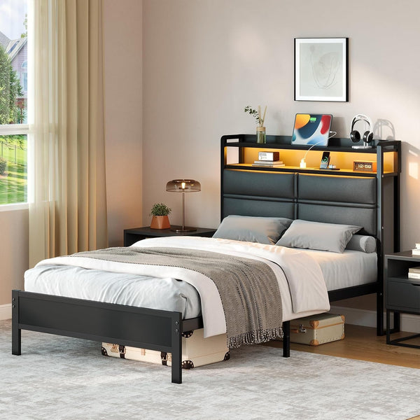 Twin Size Bed Frame with LED Lights and Charging Station, Black7