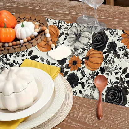 Halloween Black Rose Pumpkin Table Runner 13X90 Inch Linen Flower Thanksgiving Table Decor for Holiday Party Dinning Kitchen Decoration4