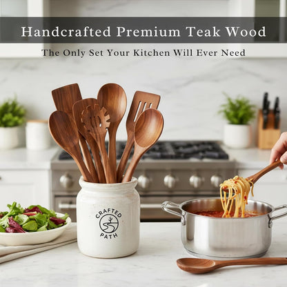 Teak Wooden Utensil Set (9-Piece) – Teak Cooking Utensils for Nonstick Cookware, Teak Wooden Spoons for Cooking & Spatula - Natural Wood Kitchen Utensils by2