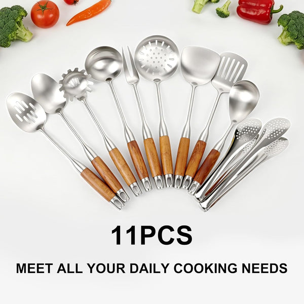 18/10 Stainless Steel Cooking Utensils Set Wooden Handle, 14" Metal Kitchen Utensil & Wok Tools, 11Pcs Cooking Spoon Set with Tongs6