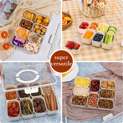 Divided Snack Serving Tray with Lid and Handle Travel Snackle Box Charcuterie Container Portable Storage Organizer for Candy, Fruits, Nuts, Snacks 1Pack White3