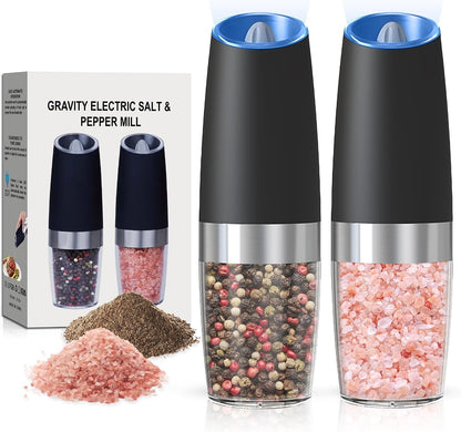 Battery Operated Salt and Pepper Grinder Set 2 Pack (Black) | Gravity-Activated Automatic Grinder with Led Light & Adjustable Coarseness, Each Uses 6 Aaa Batteries,Kitchen Daily Seasoning1